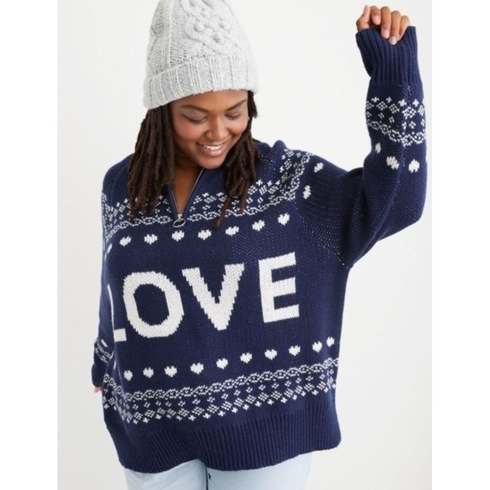 Aerie AEO sweater womens Small S blue white 1/4 zip LOVE oversized ladies